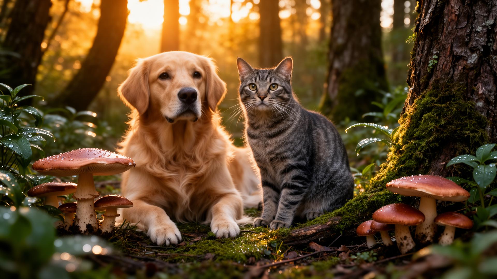 VitaPet — pets in a Chilean native forest at dawn surrounded by medicinal mushrooms